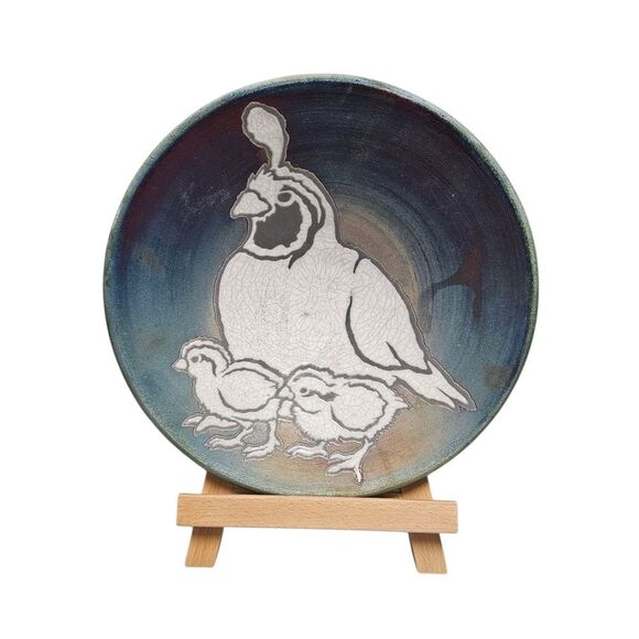 Raku Pottery Hand Crafted Ceramic Plate Quail - J. Diller - Signed - 11 in - Picture 1 of 6